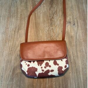Cow Print Faux Fur Crossbody Bag Cognac Brown White Western Style Small Purse